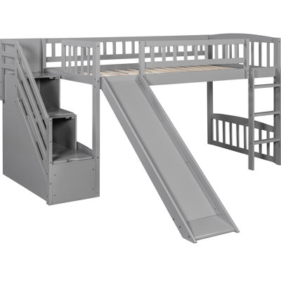 Gray Twin Stairway Loft Bed With Two Drawers And Slide, Pine Material, No Box Spring, Full - Length Guardrails Size Bed, For Clothes, Slide Fun, Legs, Clean Lines Decor