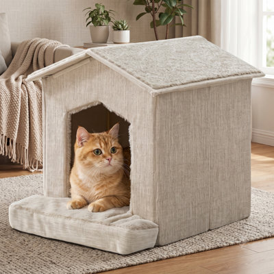 Beige Foldable Pet Hideout Shelter, Soft Cat Cave Condo Tent With Orthopedic Cushion, Enclosed Rest House for Indoor Kittens, Small Dogs, Rabbits and Squirrels
