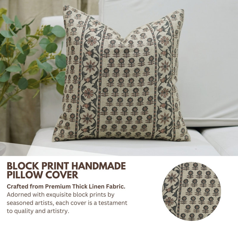Fabdivine Throw Pillow Cover 14x14 Inch Handmade Block Print Cushion-Anamika, Gray Block Print/Floral 1, Square 14"