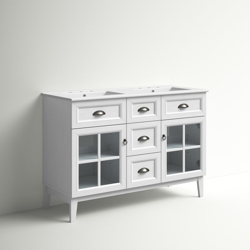 Isle 48" White Double Sink Bathroom Vanity Cabinet with Glass Doors