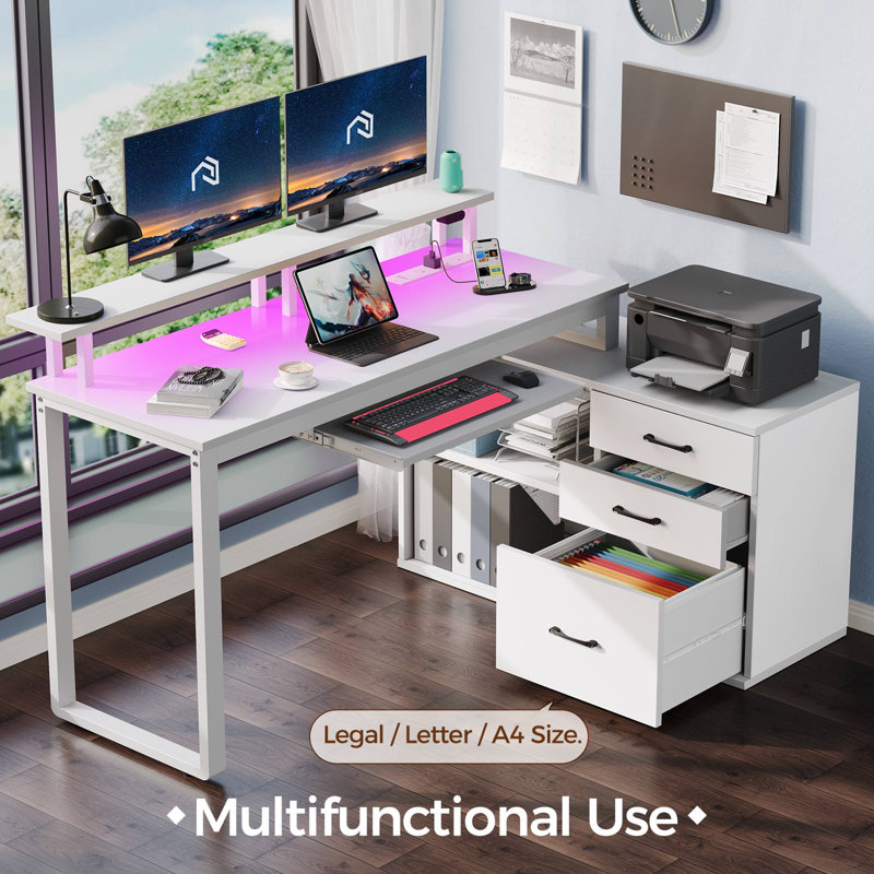 Ameliore 55.1" L Shaped Computer Desk with File Drawer, LED Lights and Keyboard Tray, White