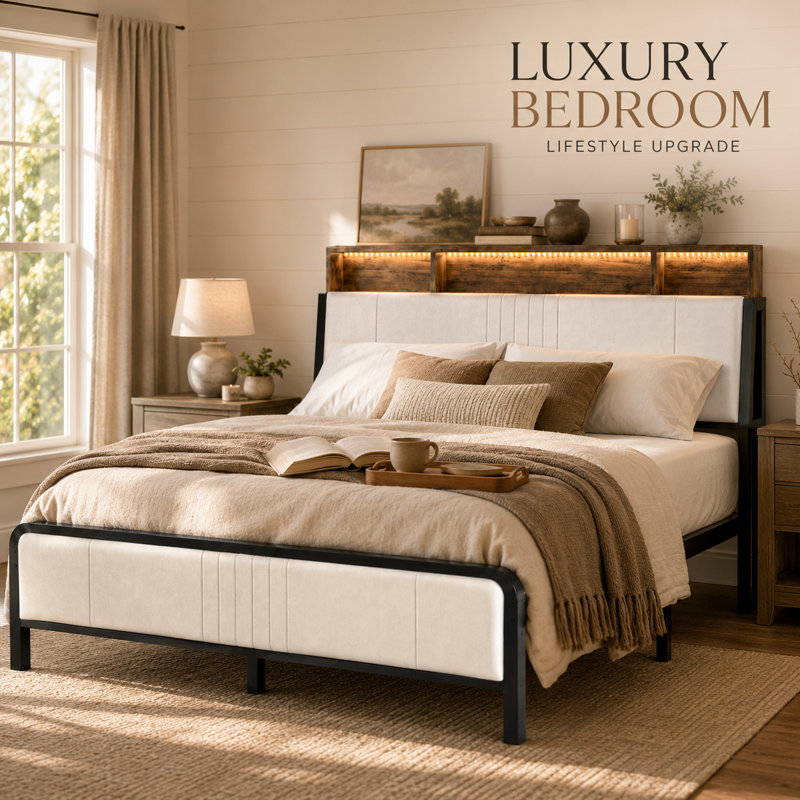 Upholstered Queen Bed Frame With Led Headboard, Queen