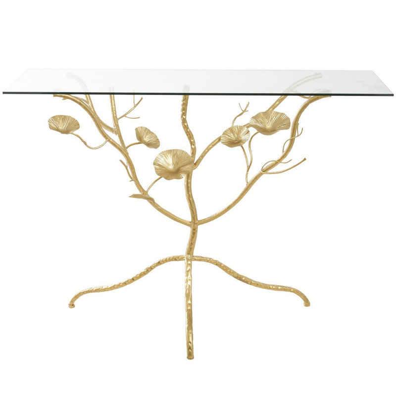 Gold Metal Branch Console Table With Glass Top