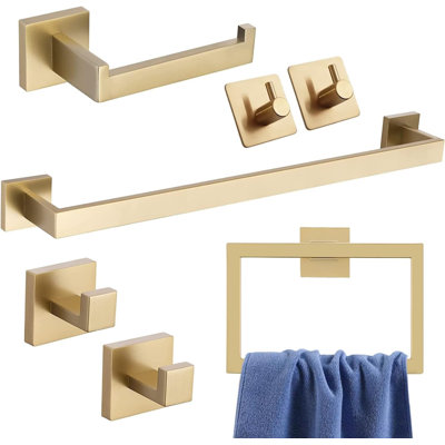 Ensemble de quincaillerie de salle de bain Gold Square, porte-serviettes en acier inoxydable 7 pièces, barre, anneaux et crochets