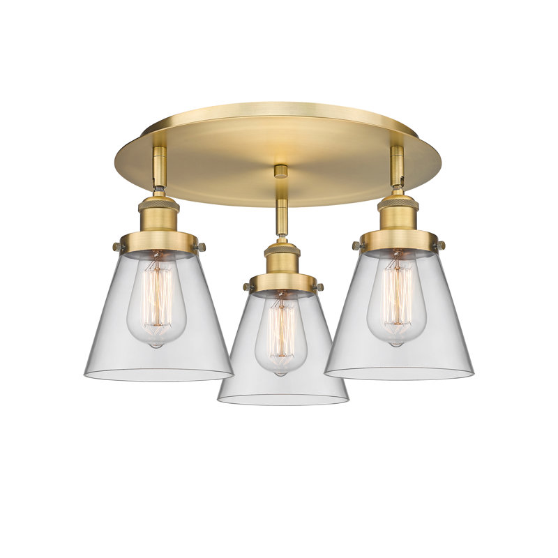 Cone 3 Light Flush Mount, Clear, Brushed Brass