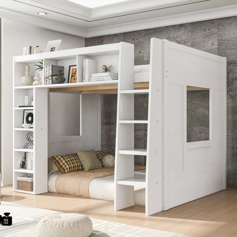 Queen Size Wooden Loft Bed with Storage Cabinets and Shelves,White, White
