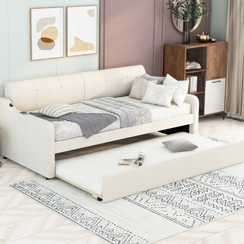 Lit de jour simple avec lit gigogne et capacité de chargement - Abat-jour beige charmant