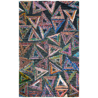 Tapis géométrique en laine / coton touffeté à la main vert foncé / noir