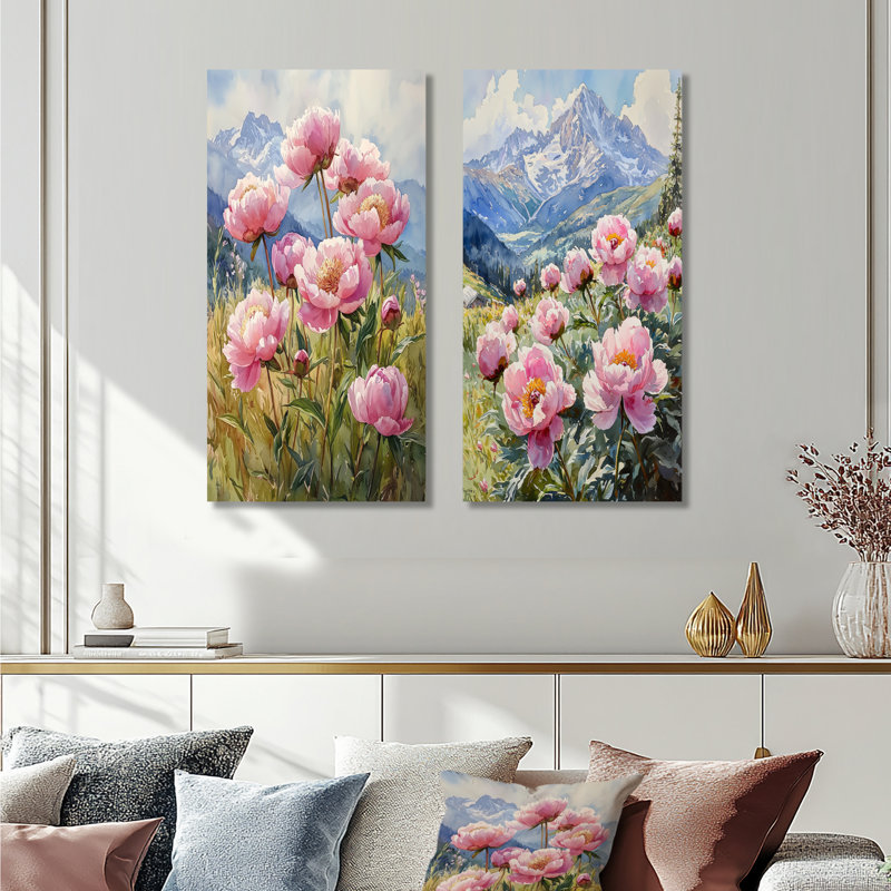 Pivoines dans la brise alpine I - décoration murale en toile florale 2 panneaux, H 40 po x l 41 po, Toile tendue