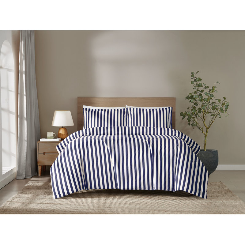 Brooklyn Loom Levi Stripe Duvet Set, Queen Duvet Cover + 2 Standard Pillow Shams, White/Navy