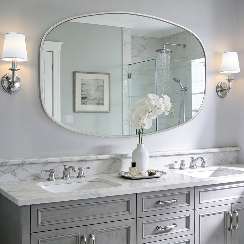 Oval Bathroom Vanity Mirror with Brushed Aluminum Alloy Frame, Decorative Wall Mirror, Horizontal or Vertical Mount for Bathroom, Bedroom, Living Room, Entryway