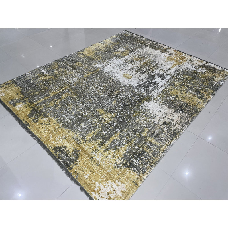 Tapis contemporain moderne abstrait en laine noué à la main 7 x 9 ivoire