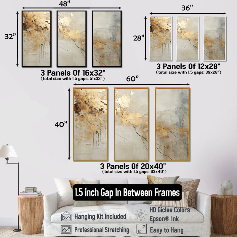 «Beige and Gold Marble Lightning VI», ensemble d'art mural formes abstraites, H 28 po x l 36 po x P 1 po, Cadre flottant noir