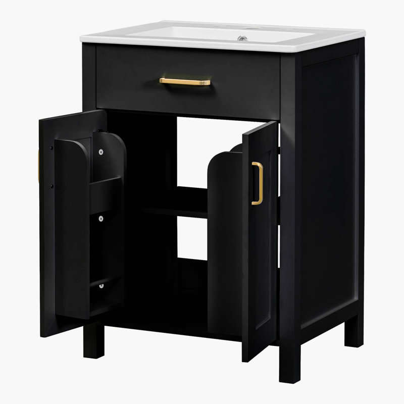 Black 24-Inch Freestanding Bathroom Vanity with Ceramic Sink