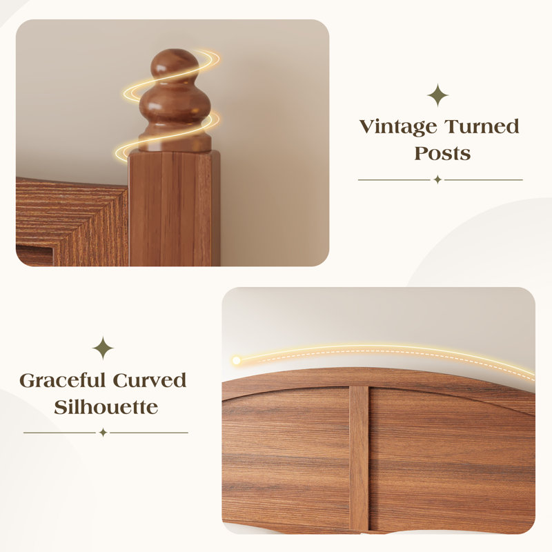Traditional Wood Platform Bed with Curved Panel Headboard and Turned Posts, Kingsize(5')