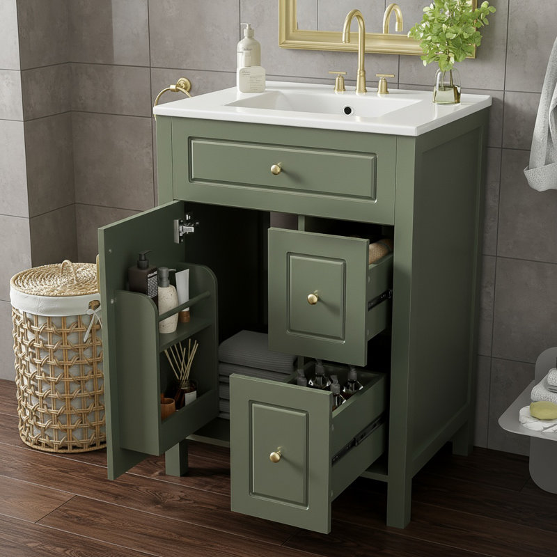 Meuble-lavabo 24 po avec lavabo, porte à fermeture douce et 2 tiroirs, supports de rangement à double porte, armoire autoportante étroite pour petits espaces