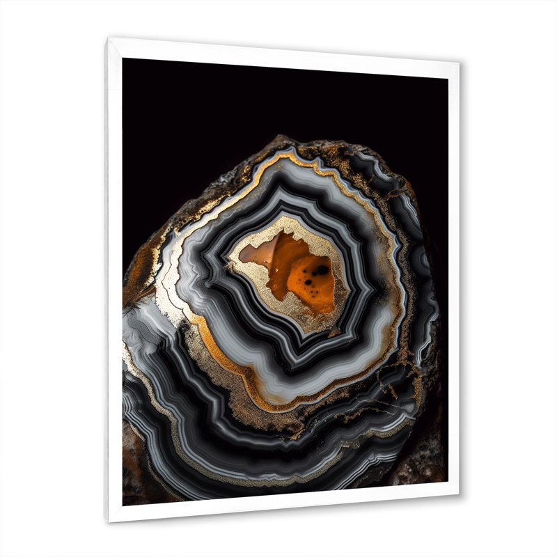Géode noire et dorée sur toile, Cadre simple blanc, H 20 po x l 12 po x P 1 po