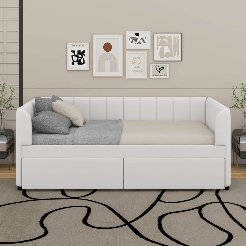 Lit de jour simple tapissier avec tiroirs, Beige