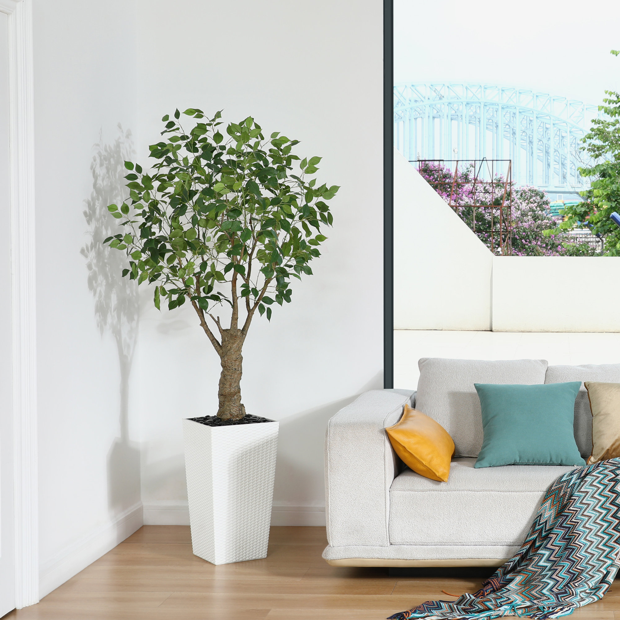 Adcock Artificial Ficus Tree UV Resistant with Tall Planter, Faux Ficus Tree for Outdoor Indoor, White, 72" H x 24" W x 24" D