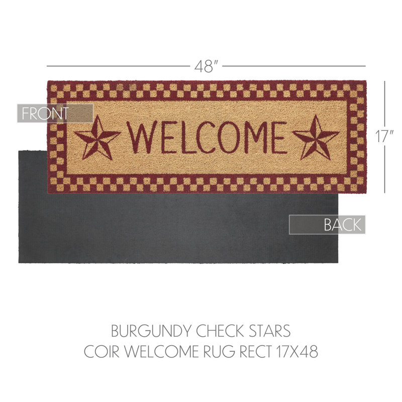 Burgundy Check Stars Coir Welcome Rug Rect, 17" W x 48" L