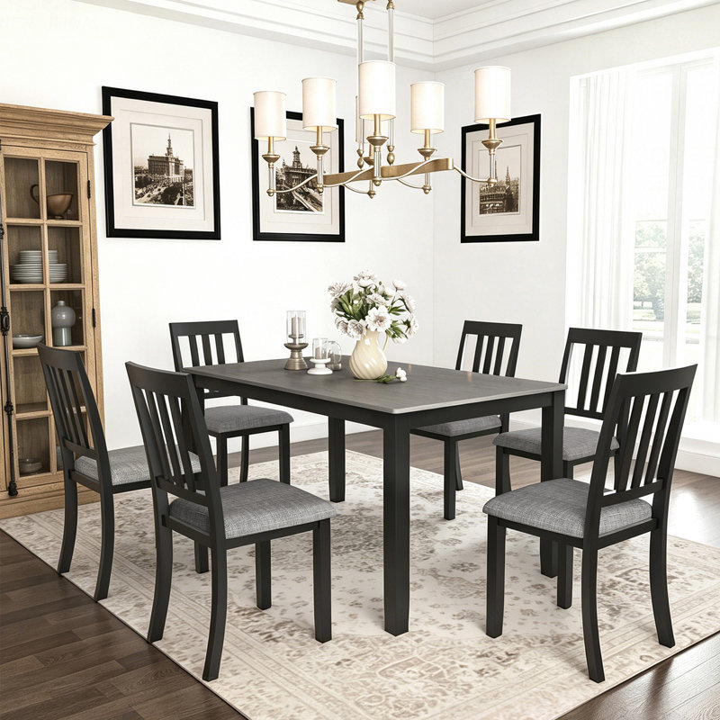 6 - Person 59" Solid Wood Dining Set, 7-Piece Set, Black/Gray