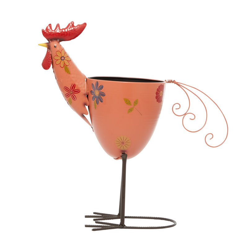 1 Piece Metal Rooster Indoor Outdoor Pink Planter with Floral Pattern Planter