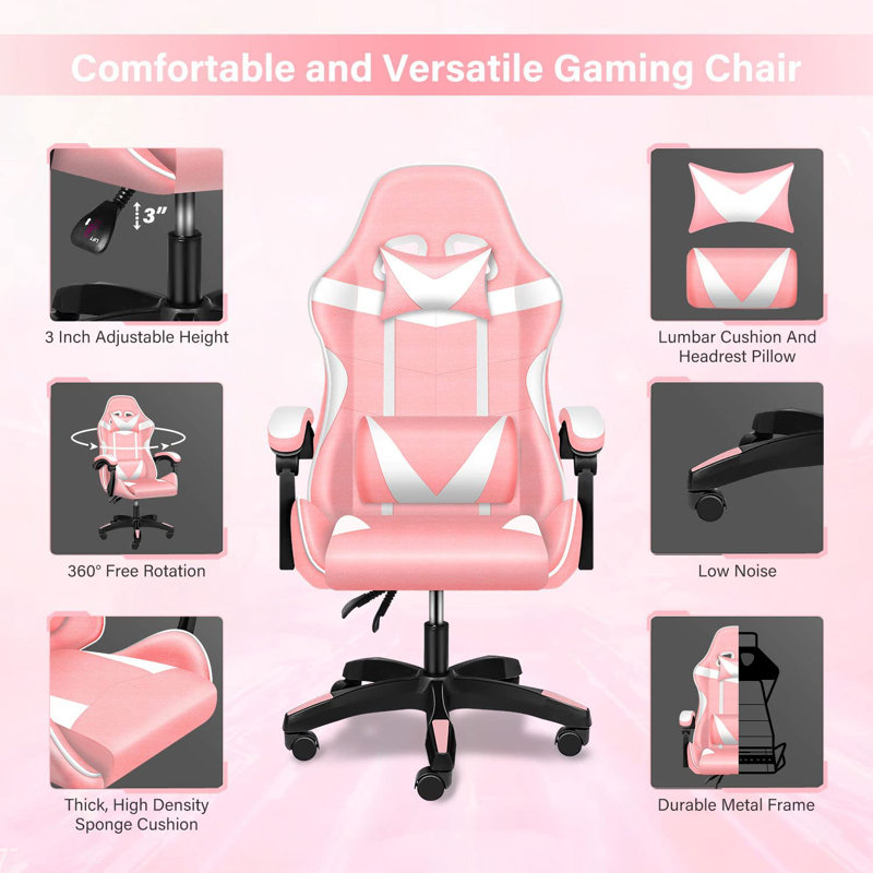 Inbox Zero Adjustable Reclining Ergonomic Swiveling PC & Racing Game Chair, Pink
