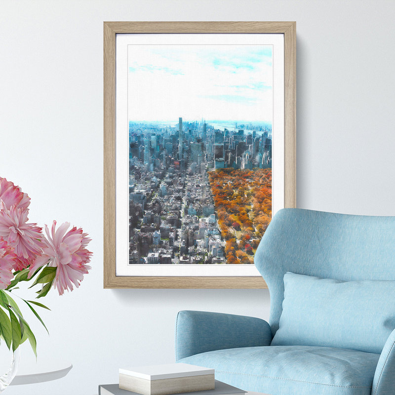 The New York Skyline with Central Park - Picture Frame Painting Print, 87cm H x 62cm W x 2cm D, Oak Framed