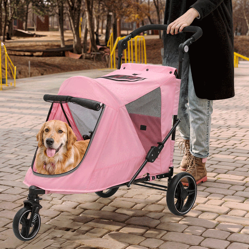 Large Gray Steel Frame Dog Stroller with Rubber Wheels