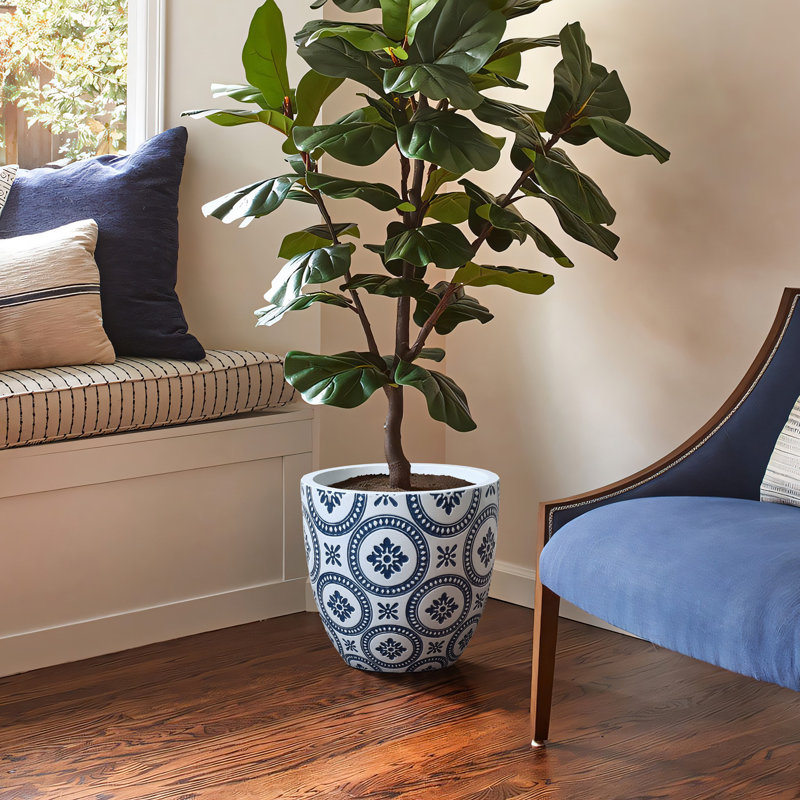Blue and White Flower Pattern Round Tapered Tall Mgo Planter, Indoor and Outdoor, 11.8" H x 12.2" W x 12.2" D