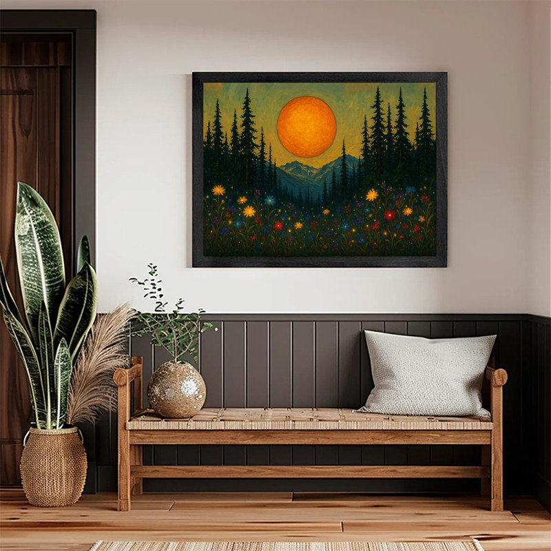 «Moonlit Pine Forest», encadré noir, pleine lune, peinture de champ de fleurs sauvages, art mural paysage nature Moody Mystical