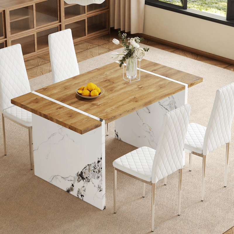 Table de salle à manger pour 4 personnes, table 55 po x 31,5 po, texture bois, chaises blanches, coussins antidérapants grain naturel avec éponge confortable en forme de losange de style moderne