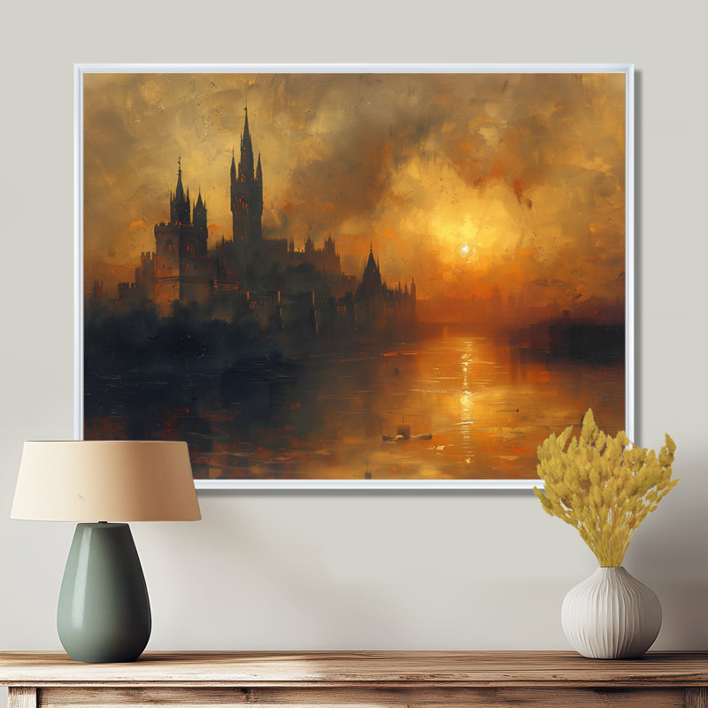 Décoration murale château jaune et noir automne noir I - Châteaux, H 16 po x l 32 po x P 1 po, Toile encadrée noire simple