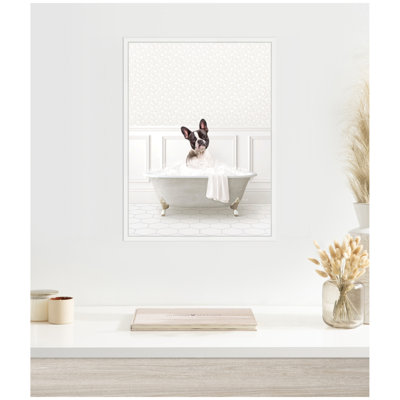 French Bulldog in White Bathtub by Amy Peterson Framed Canvas Wall Art Print