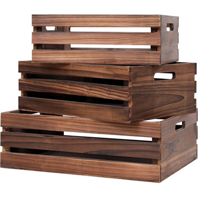 Wood Crates,Decorative Vintage Brown Wooden Crates For Display Handmade Solid Wood Boxes,Set Of 3 Rustic Black Wooden Crate. (vintage brown)
