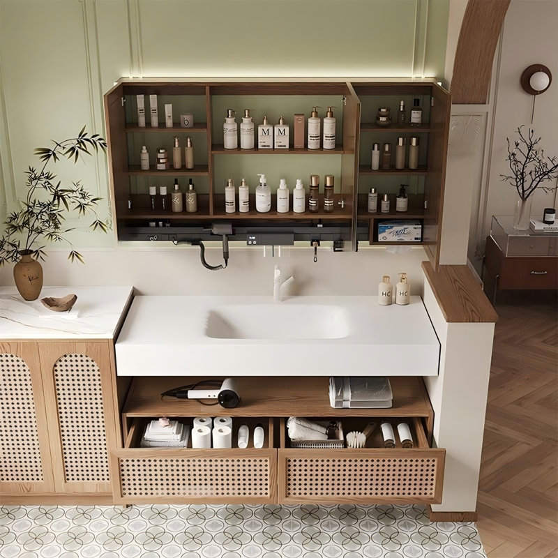 Meuble-lavabo en bois massif et en rotin, style bois, avec lavabo intégré en pierre frittée thermoformée et armoire à miroir intelligent