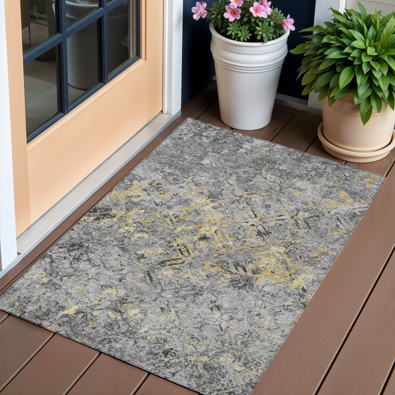 Tapis extérieur lavable à motif géométrique gris argenté et gris anthracite 3 pi x 5 pi