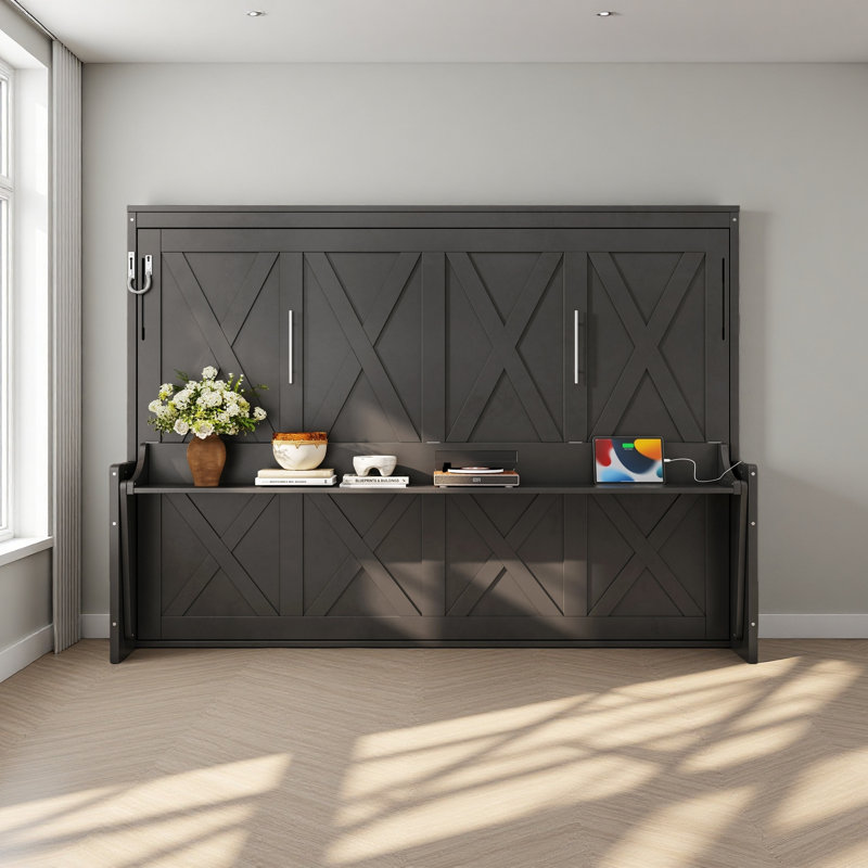 Lit escamotable avec bureau, station de charge USB, lumières DEL, Grand lit, Gris foncé