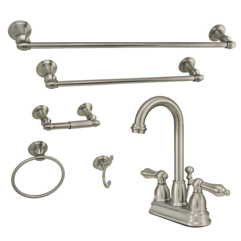 Kingston Brass Two-Handle 3-Hole Deck Mount 4" Centerset Bathroom Faucet with 5-Piece Bathroom Accessories, Brushed Nickel