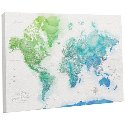 Carte du monde personnalisée avec punaise et aquarelle