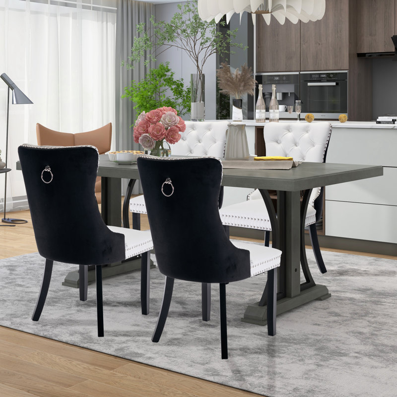 Kingson Tufted Upholstered Back Patchwork Parsons Chair（set of 2）, 2, White/Black