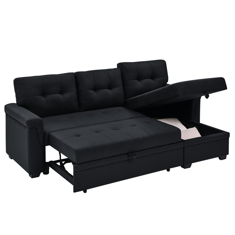 86'' Reversible L/R 3 - Seat Black Upholstered Pull Out Bed With Jumbo Stitch Detailing For Sophisticated Decor Bed, Seat, L/R, Accent Flexible Seating