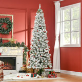 7.5' Pencil Snow Flocked Artificial Christmas Tree With 600 Pine Realistic Branches, Pine Cones, Red Berries, Auto Open, Green