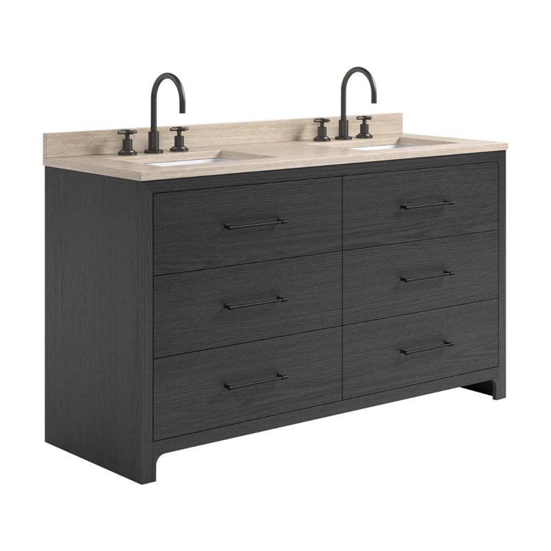 TileBar Studio Vanities Edison Vanity with Romano Travertine Top, Ebony Oak, 60" W