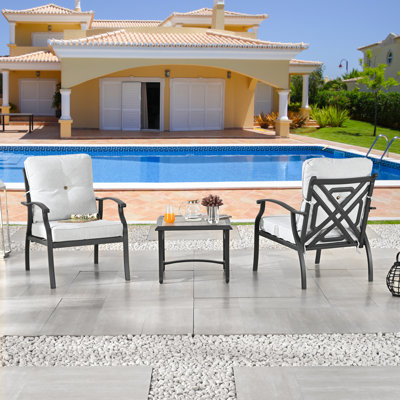 Outdoor 3-Piece Metal Bistro Conversation Set with Beige Cushions