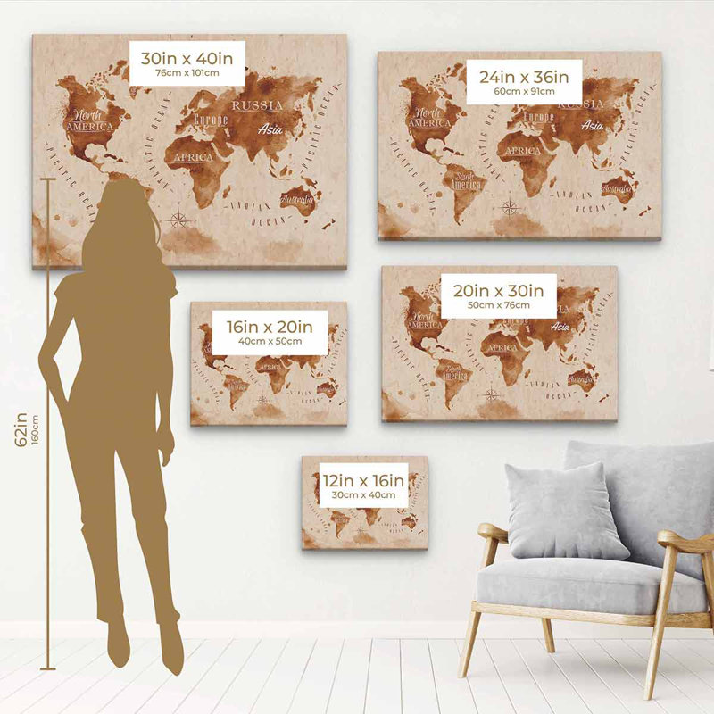 "Zona Brown World Map", toile 6075 sur toile, H 12 po x l 16 po, Cadre flottant noir