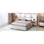 Grand lit tapissier en velours beige, deux prises et ports, rangement de chevet, prises élégantes et ports