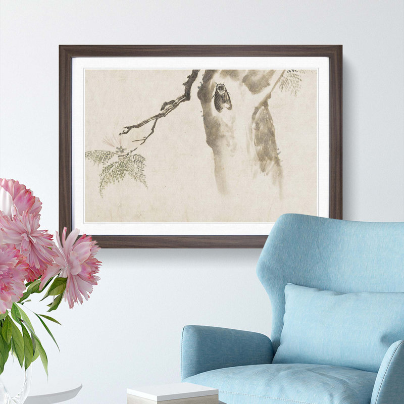 Moth upon a Tree by Kawanabe Kyosai - Picture Frame Painting Print, Walnut Framed, 48cm H x 65cm W x 2cm D