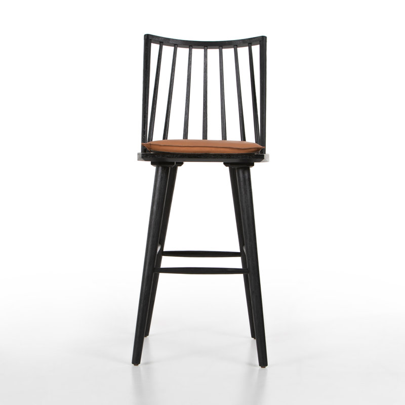Lewis Windsor Solid Wood Stool, Bar Stool (29" Seat Height), Black Oak, Brown/Sheepskin
