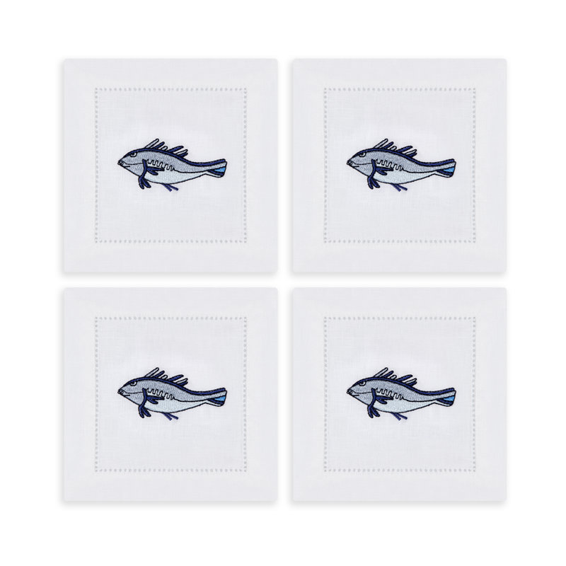 Marine Motif Embroidered Linen Cocktail Napkins